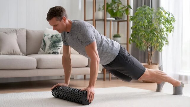 Young athletic man in sportswear performing push ups using a textured foam roller at home in a modern living room. Focused on fitness, he maintains proper form and balance during his workout