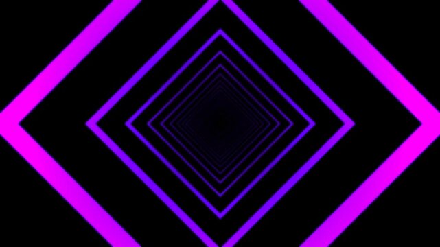Abstract glowing purple and pink diamond shapes forming a tunnel effect on a black background.