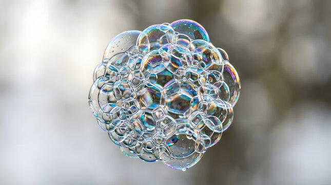 Floating cluster of iridescent soap bubbles showing vibrant rainbow light reflections