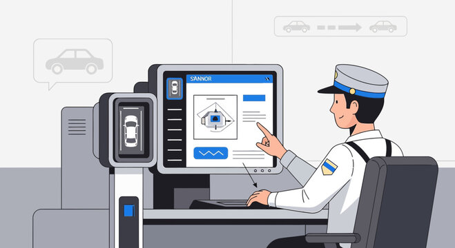Security guard using computer system at checkpoint, car entry control, ID verification