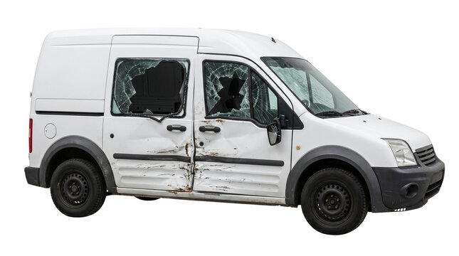Damaged white delivery van with broken windows, wrecked commercial vehicle after car accident, smashed transport van for insurance claim isolated PNG with Transparent Background