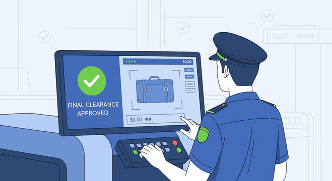 Security officer checking luggage on screen with final clearance approved