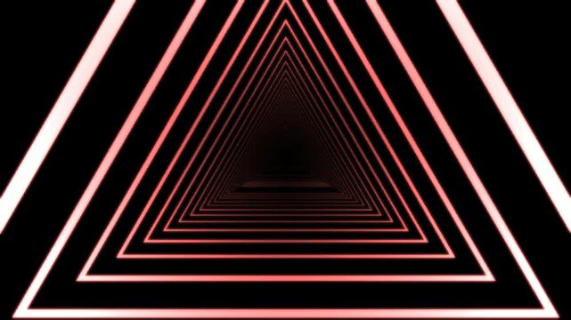 Endless tunnel of glowing pink triangles receding into darkness, abstract futuristic background.