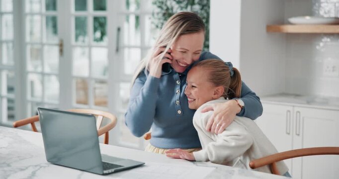 Mom, child and hug with phone call in home for multitasking, love or remote work on laptop. Happy mother, daughter or kid with embrace, computer or smartphone for freelance business or discussion