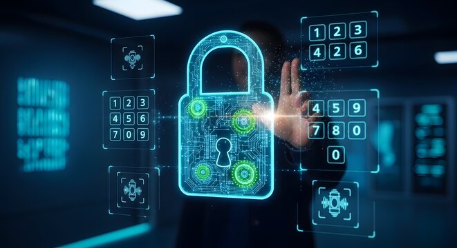 Hand Interacting with Glowing Blue Digital Padlock
Cybersecurity Concept with Padlock and Number Keypads
Hand Touching a Digital Lock with Numeric Codes