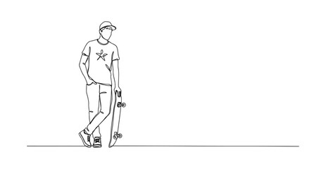 Skateboarder standing with skateboard continuous line drawing skateboard skateboarder © Stockline
