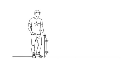 Continuous line art sketch of a skater with board skateboard standing minimalist © Stockline