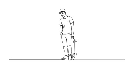 Continuous line art illustration of a young man holding a skateboard with skateboard © Stockline