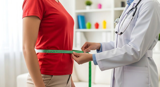 Doctor measuring the waist of a patient to monitor weight loss progress in a clinic.