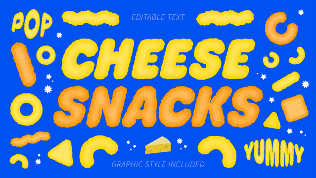 チーズスナック風のポップで立体的な文字エフェクト。テキスト編集可能な文字アピアランス素材。