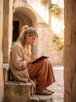 Young woman writing in an historic European courtyard during golden hour