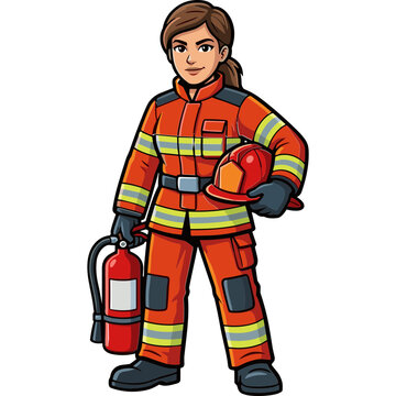 Female firefighter wearing uniform holds fire extinguisher and helmet ready