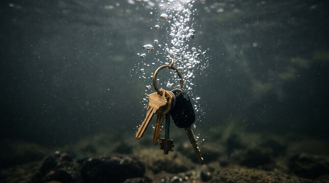 A set of metal keys sinking underwater with air bubbles rising, creating a dramatic and mysterious atmosphere in a dark, murky aquatic environment