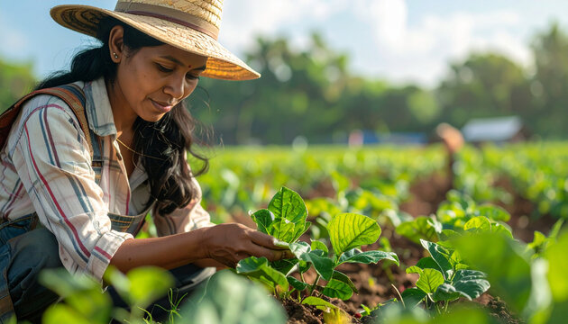 Woman farmer in straw hat inspecting green seedlings outdoors