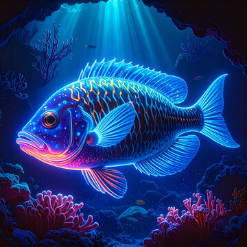 Vibrant Bioluminescent Fish Glowing in Deep Blue Underwater Cave