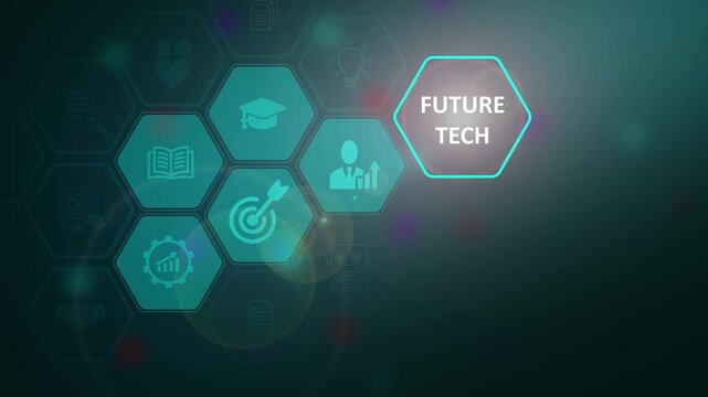 Futuristic future tech concept featuring a glowing hexagonal interface layout with interconnected modern technology innovation icons on a dark abstract background.