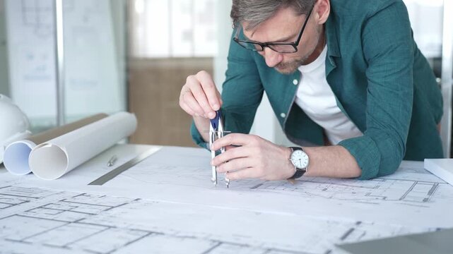 Architect working on blueprints, using a compass tool for precise engineering design and project planning. Architecture and business concept