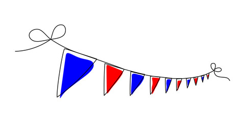 Obraz premium Continuous line drawing captures party bunting with decorative pennants. Single outline art of festive garland for birthday celebrations, carnival events, and jubilee festivals with doodle style.