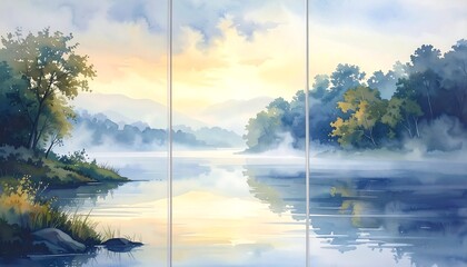Naklejka premium A serene lake view through an open window frame at sunrise with trees and fog