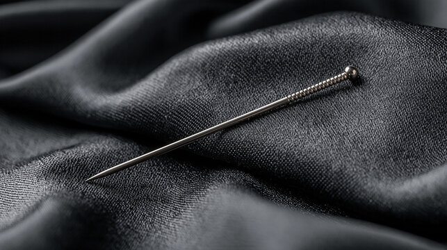 acupuncture. Slender silver acupuncture needle on dark silk fabric. STEM education sheets, lab safety posters, designed for STEM education and laboratory safety posters.