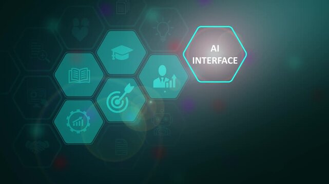 Futuristic AI interface concept showing a glowing hexagonal artificial intelligence user platform and strategic corporate icons over a dark abstract background.