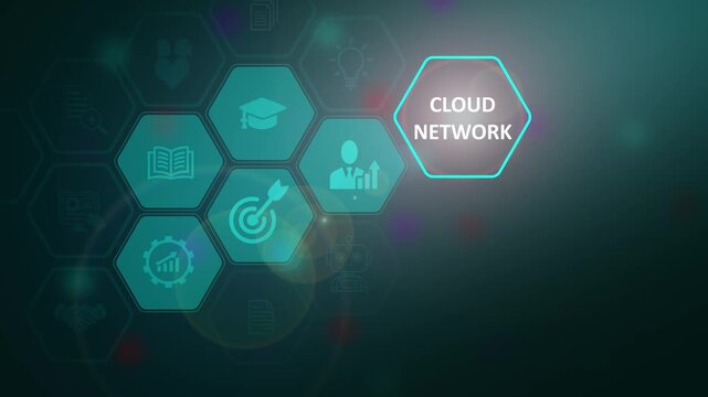Futuristic cloud network concept with a glowing hexagonal information connectivity mainframe interface and server storage tech icons over a dark background.