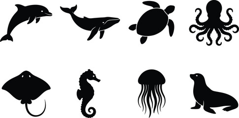 Fototapeta premium Marine Sea Animals Silhouette Vector Bundle with Ocean Wildlife and Aquatic Creatures Collection