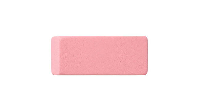 Pink rectangular eraser on transparent background for correcting pencil marks mistakes and errors in drawing or writing.