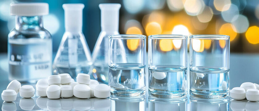 White pills, laboratory glassware with clear liquids, and small glasses on a reflective surface with bokeh background