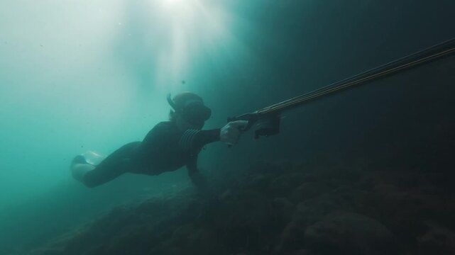 Underwater view of the hunter swimming slowly with speargun
