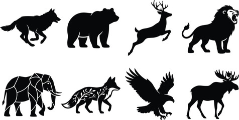 Obraz premium Set of black silhouettes representing African safari wildlife including an elephant cheetah giraffe roaring lion zebras rhinoceros leaping gazelle and cape buffalo
