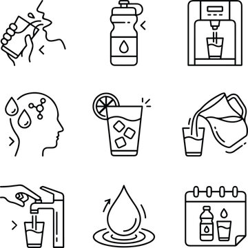 Minimal line icon set featuring hydration, water refill, drinking water, reusable bottle, water dispenser, healthy lifestyle, and hydration tracking symbols.