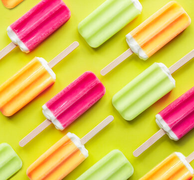 Bright colorful ice pops arranged on yellow background