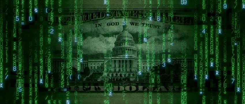 Electronic Money Concept with Fifty Dollar Bill made up of Animated Code. Innovative Finance Background.