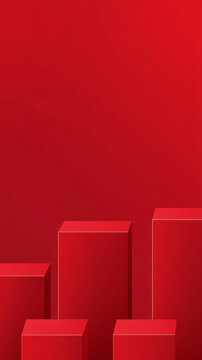 A deep red background features multiple 3D red cuboid pedestals, arranged geometrically to form an abstract, minimalist display