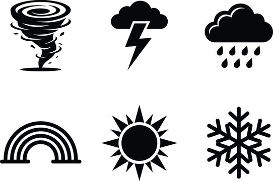 Weather icons including tornado, lightning, rain, rainbow, sun, and snowflake