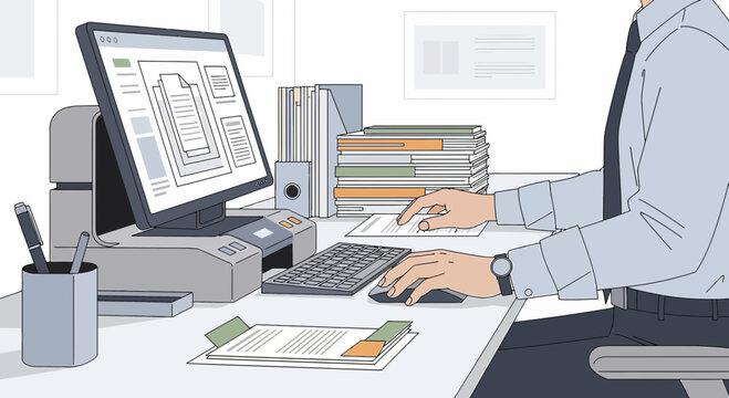 Person working at computer desk with documents and printer