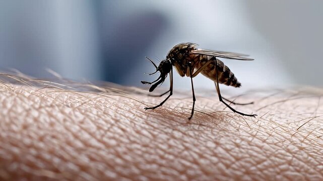 Close-up of a mosquito feeding on human skin, highlighting the insect's proboscis and legs in sharp detail on a blurred background