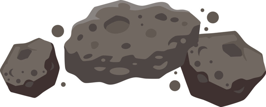 three broken space rocks floating together after midair collision