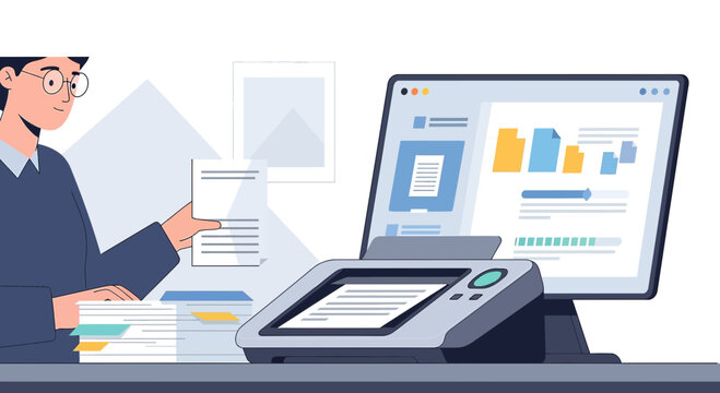 Office Worker Using Scanner and Computer for Document Management