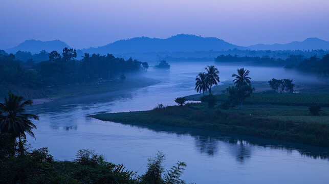 A tranquil, misty river meanders through lush, tropical terrain, flanked by palm trees and layered blue mountains