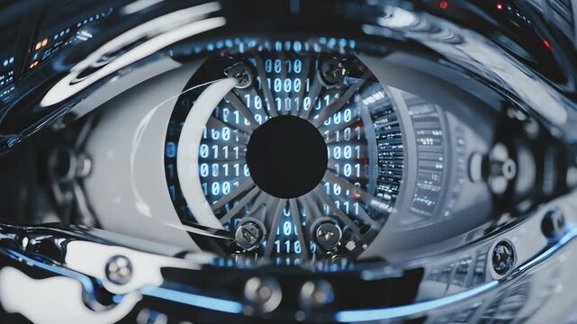 closeup of a sophisticated ai eye with binary code illustrating advanced robotics and the future of technology