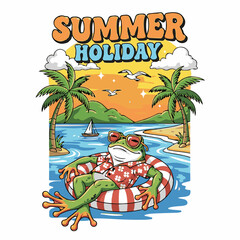 Summer Holiday Frog in Hawaiian Shirt Floating on Inner Tube at Beach Vector © bima