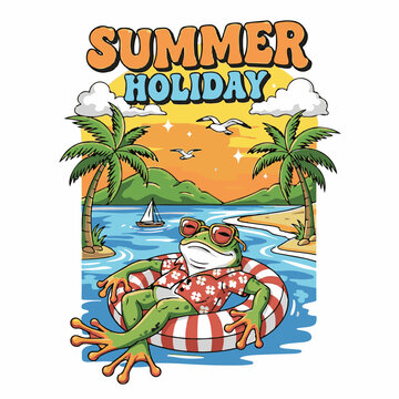 Summer Holiday Frog in Hawaiian Shirt Floating on Inner Tube at Beach Vector