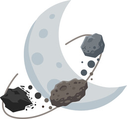 crescent moon surrounded by orbiting dark space asteroids © foxndeer
