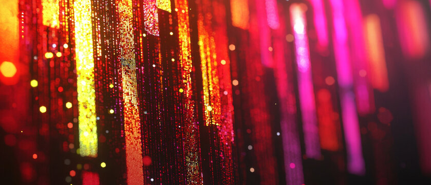 Abstract digital display: glowing vertical pixelated lines creating a dynamic backdrop with sparkling bokeh in red, orange, and pink