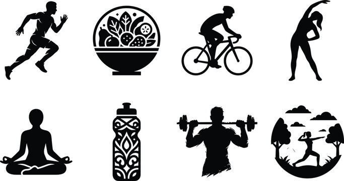 Set of healthy lifestyle black silhouettes and icons including running eating salad cycling stretching yoga meditating weightlifting and outdoor fitness