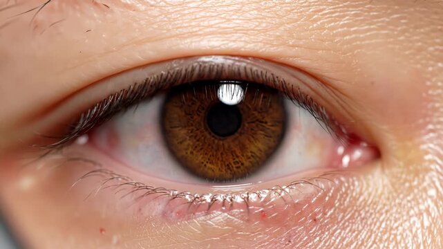 Close-Up Human Eye with Brown Iris. Suitable for eye health examinations, beauty makeup tutorials, iris recognition technology, and human anatomy educational content.