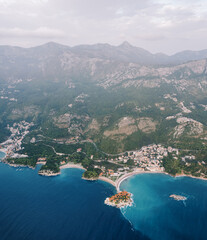 Obraz premium Aerial View of Sveti Stefan Island and Budva Coastline Montenegro