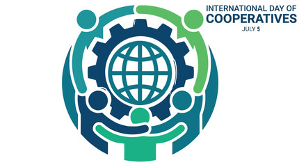 Fototapeta premium Cooperative emblem with globe and people vector illustration with teal and green hues
